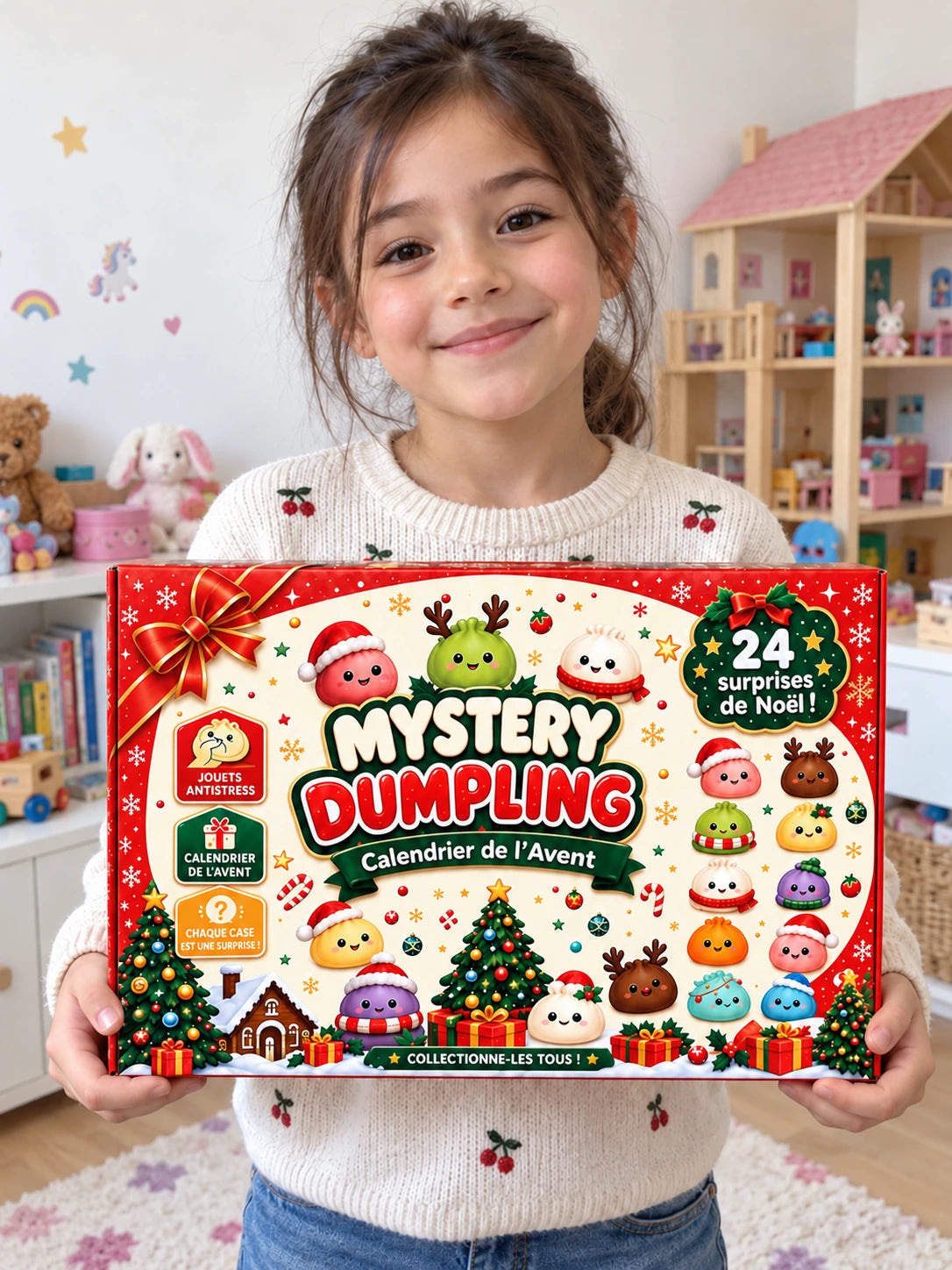 Calendrier de l'Avent Mystery Squishy — fille présentant le calendrier dans sa chambre