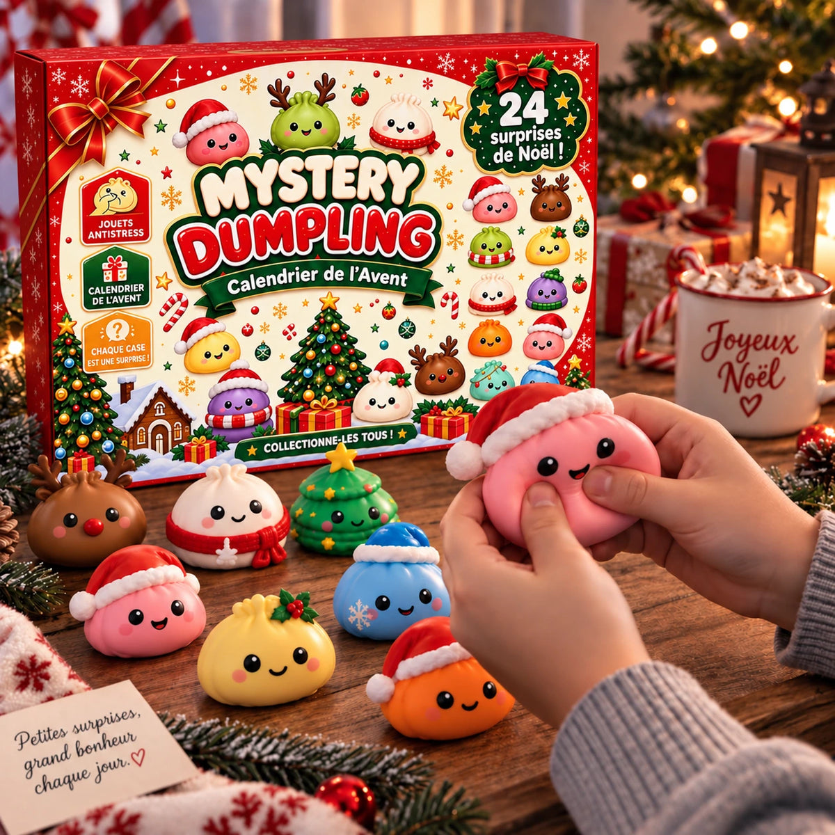 Calendrier de l'Avent Mystery Squishy — mains pressant une figurine rose