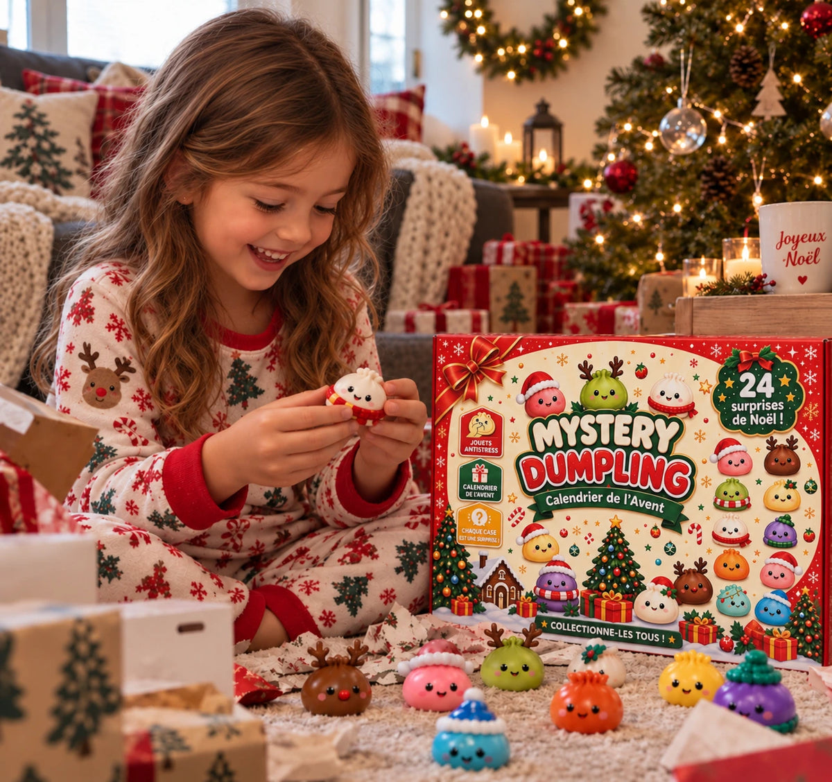 Calendrier de l'Avent Mystery Squishy — fille assise découvrant une figurine