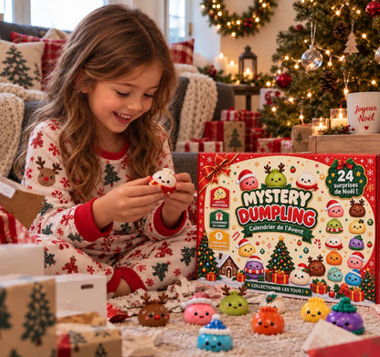 Calendrier de l'Avent Mystery Squishy — fille assise découvrant une figurine